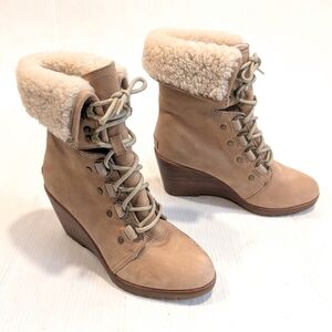 SOREL After Hours Women's Tan Lace-up Sherpa Cuff Wedge Ankle Booties Size 7.5